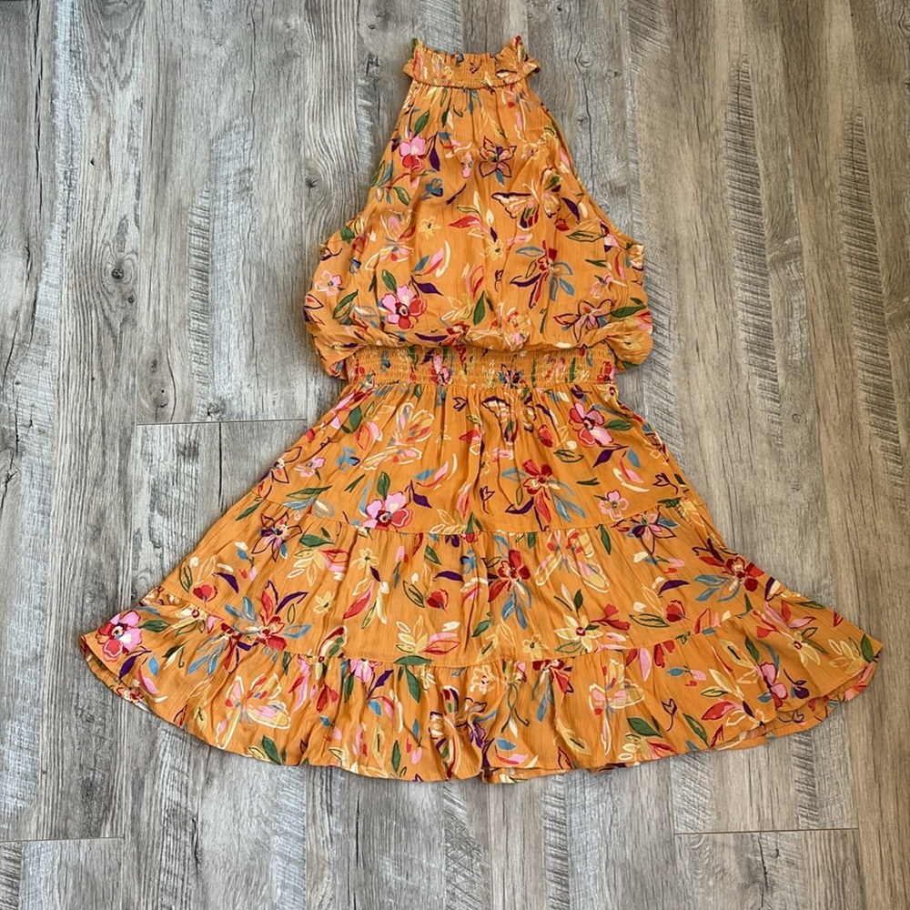 Angie Golden Orange Floral Halter Mini Dress